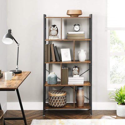 4-Tier Industrial Bookshelf Stable Iron Frame, Rustic Brown Payday Deals