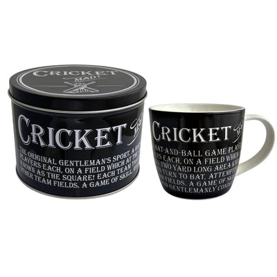 Tea Cup Coffee Mug In A Tin Cricket Text Print Design Novelty Gift Set