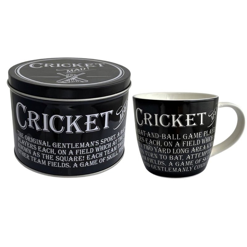 Tea Cup Coffee Mug In A Tin Cricket Text Print Design Novelty Gift Set - Payday Deals