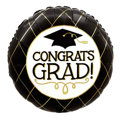 Graduation Congrats Grad Black & Gold Satin Round Foil Balloon