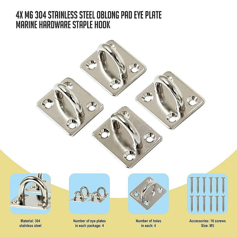 4X M6 304 Stainless Steel Oblong Pad Eye Plate Marine Hardware Staple Hook Payday Deals