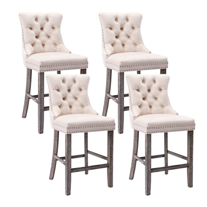 4X Velvet Bar Stools with Studs Trim Wooden Legs Tufted Dining Chairs Kitchen Payday Deals