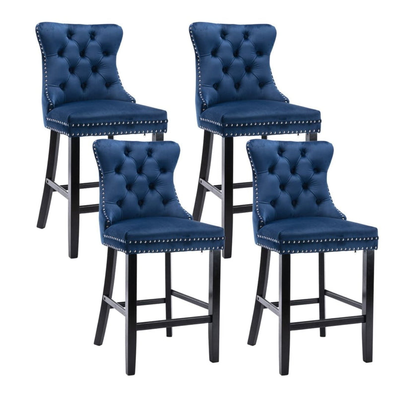 4X Velvet Bar Stools with Studs Trim Wooden Legs Tufted Dining Chairs Kitchen Payday Deals