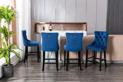 4X Velvet Bar Stools with Studs Trim Wooden Legs Tufted Dining Chairs Kitchen Payday Deals