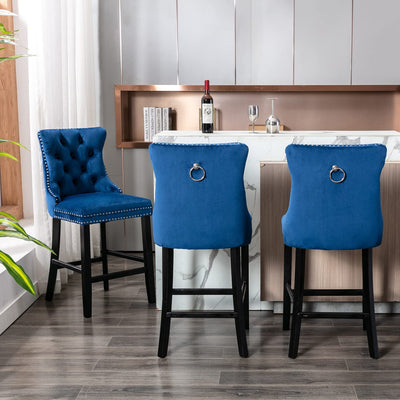 4X Velvet Bar Stools with Studs Trim Wooden Legs Tufted Dining Chairs Kitchen Payday Deals