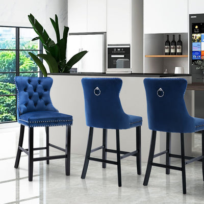 4X Velvet Bar Stools with Studs Trim Wooden Legs Tufted Dining Chairs Kitchen Payday Deals