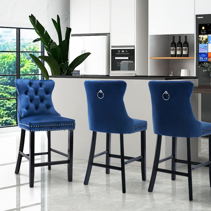 4X Velvet Bar Stools with Studs Trim Wooden Legs Tufted Dining Chairs Kitchen Payday Deals