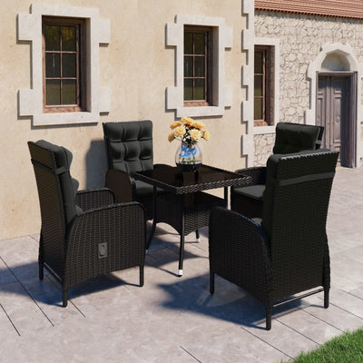 5 Piece Garden Dining Set Poly Rattan and Glass Black