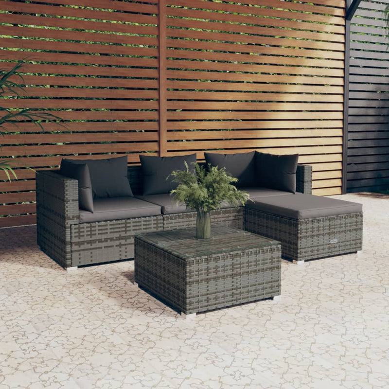 5 Piece Garden Lounge Set with Cushions Poly Rattan Grey Payday Deals