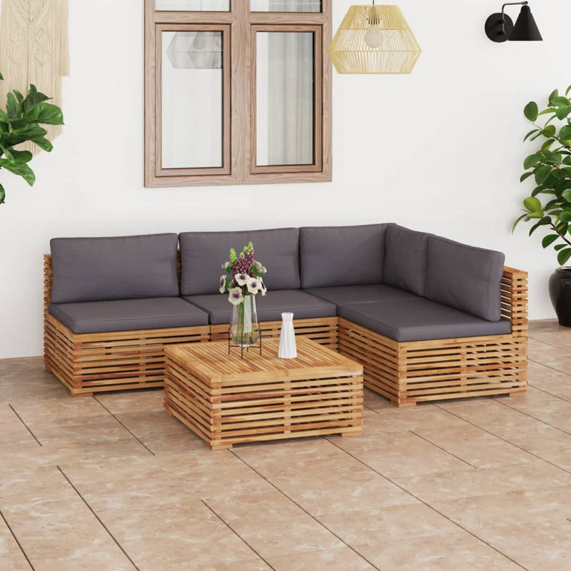 5 Piece Garden Lounge Set with Dark Grey Cushion Solid Teak Wood Payday Deals