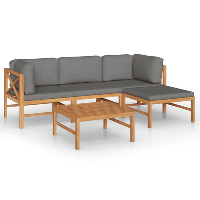 5 Piece Garden Lounge Set with Grey Cushions Solid Teak Wood Payday Deals