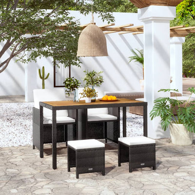 5 Piece Outdoor Dining Set Poly Rattan and Acacia Wood Black