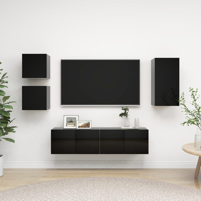 5 Piece TV Cabinet Set High Gloss Black Chipboard Payday Deals