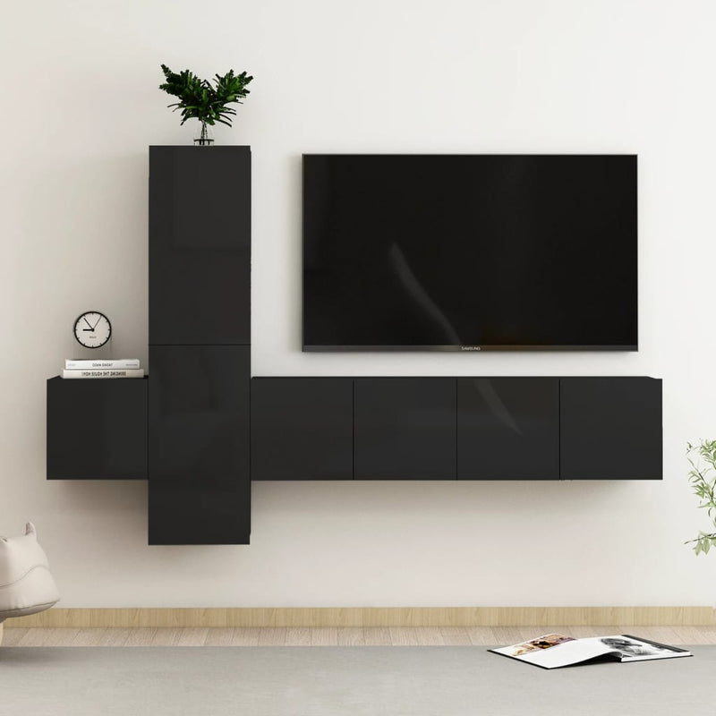 5 Piece TV Cabinet Set High Gloss Black Chipboard Payday Deals