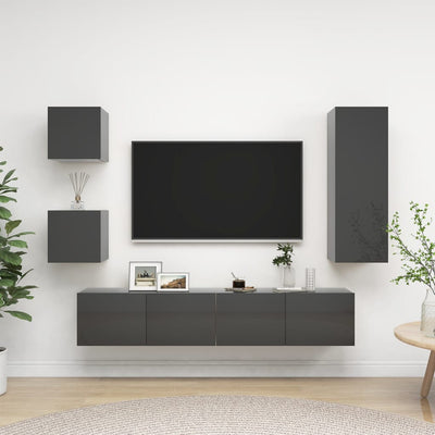 5 Piece TV Cabinet Set High Gloss Grey Engineered Wood