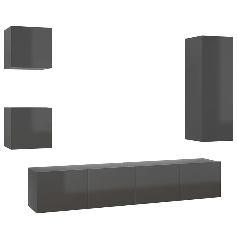 5 Piece TV Cabinet Set High Gloss Grey Engineered Wood Payday Deals