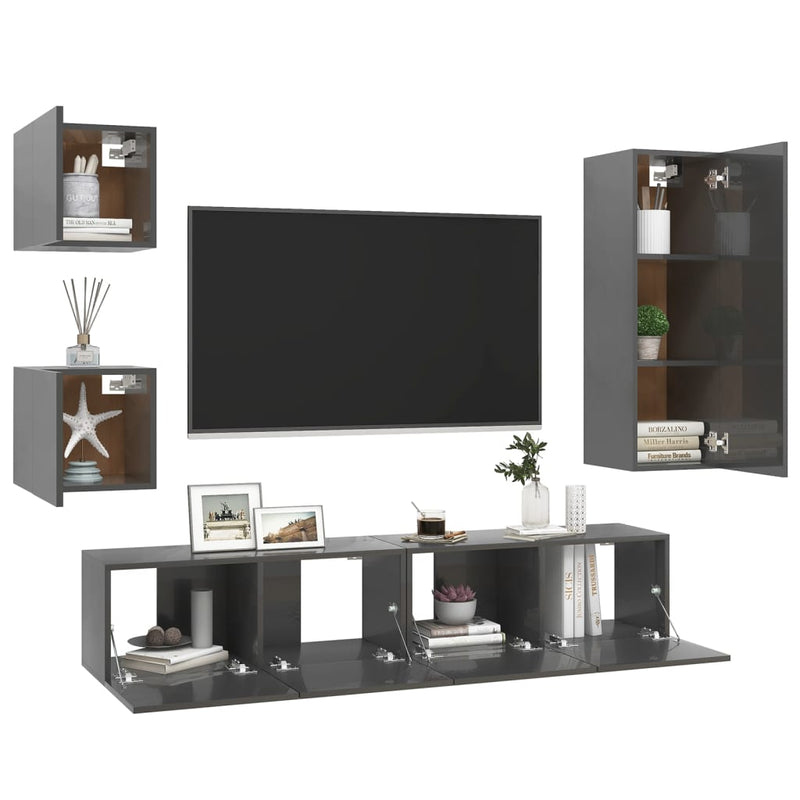 5 Piece TV Cabinet Set High Gloss Grey Engineered Wood Payday Deals