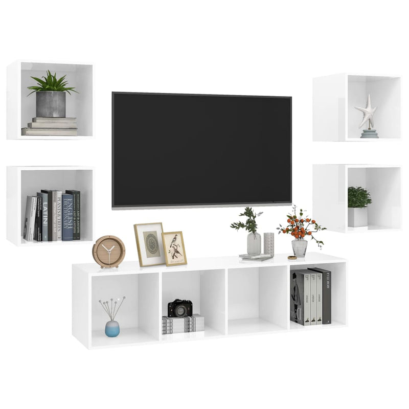 5 Piece TV Cabinet Set High Gloss White Engineered Wood Payday Deals