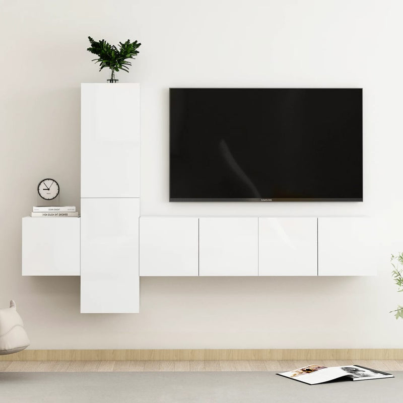 5 Piece TV Cabinet Set High Gloss White Engineered Wood Payday Deals