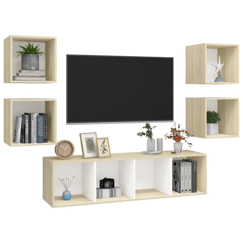 5 Piece TV Cabinet Set White and Sonoma Oak Chipboard Payday Deals