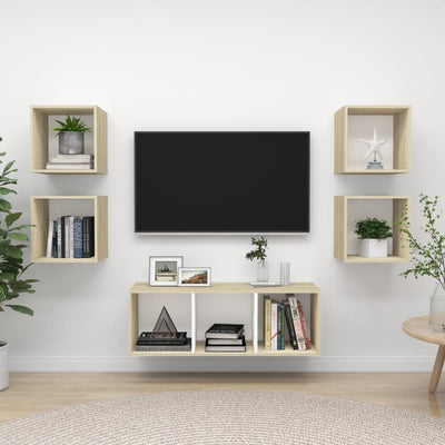 5 Piece TV Cabinet Set White and Sonoma Oak Engineered Wood