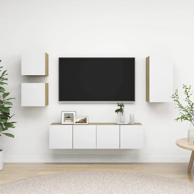 5 Piece TV Cabinet Set White and Sonoma Oak Engineered Wood