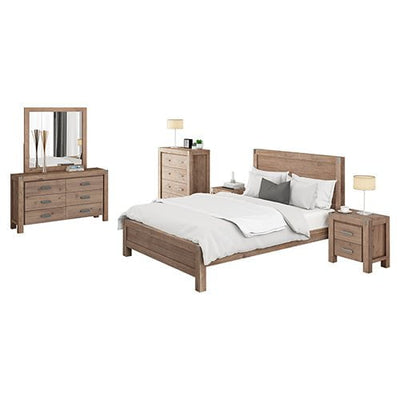 5 Pieces Bedroom Suite in Solid Wood Veneered Acacia Construction Timber Slat Queen Size Oak Colour Bed, Bedside Table , Tallboy & Dresser Payday Deals