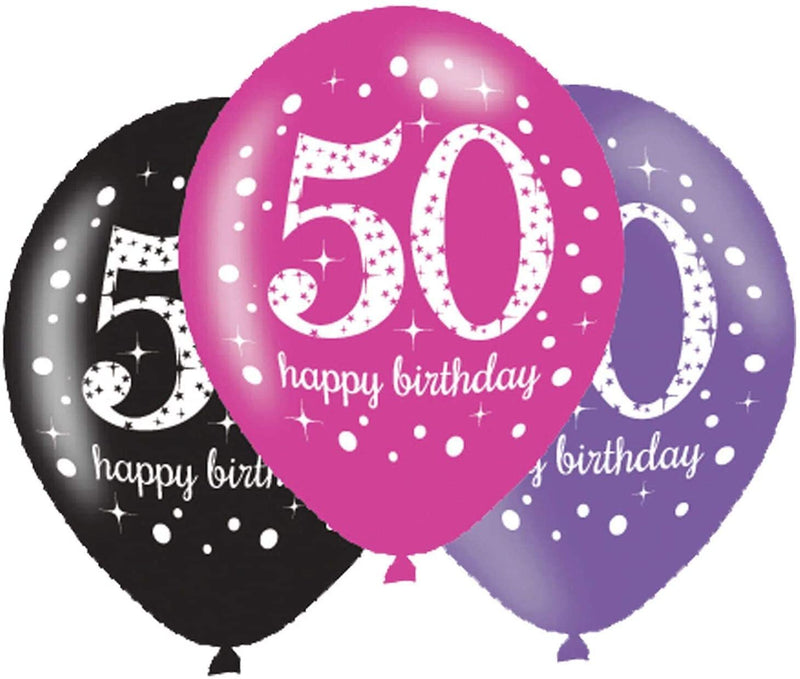 50th Birthday Sparkling Pink Celebration Latex Balloons 6 Pack Payday Deals