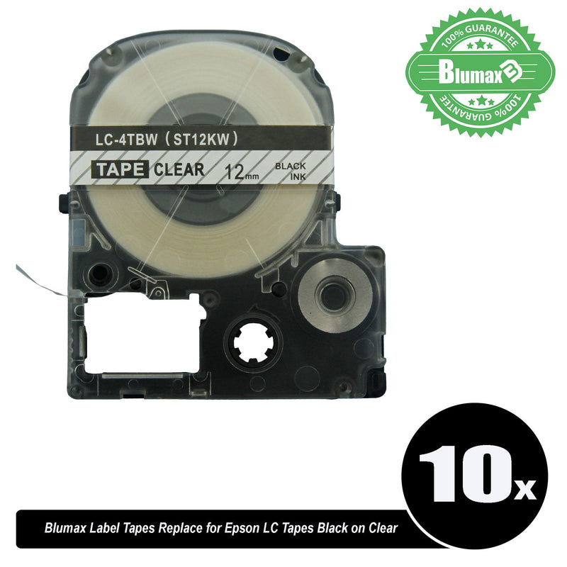 10x Blumax Alternative for Epson LC ST12KW 12mm Tapes Black Text on Clear Labels - Payday Deals