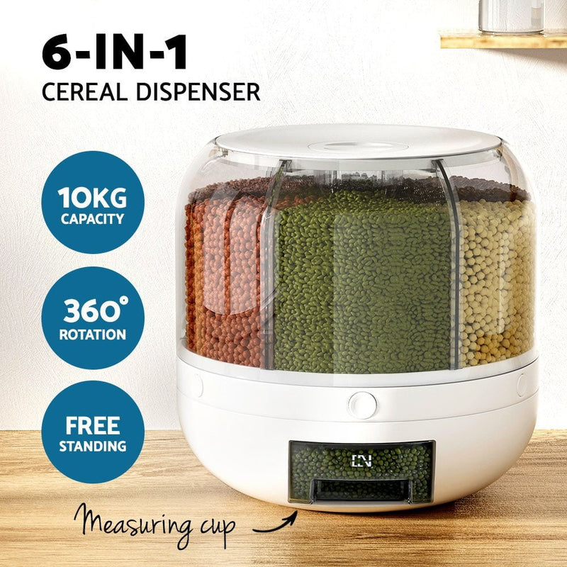 6-In-1 Cereal Dispenser Rotating Grain Container 10KG Rice Storage Dry Food Box Payday Deals