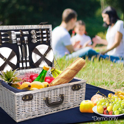 Alfresco 6-Person Picnic Basket Cooler Bag Wicker PU Fastening Straps Plates Payday Deals
