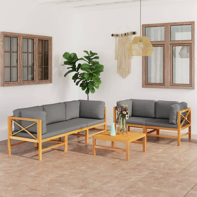 6 Piece Garden Lounge Set with Grey Cushions Solid Teak Wood