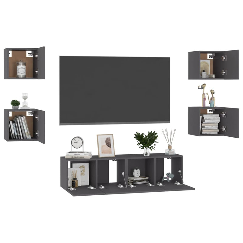 6 Piece TV Cabinet Set Grey Engineered Wood Payday Deals