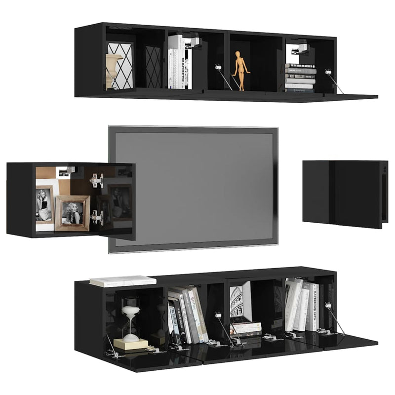 6 Piece TV Cabinet Set High Gloss Black Engineered Wood Payday Deals