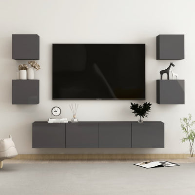 6 Piece TV Cabinet Set High Gloss Grey Engineered Wood