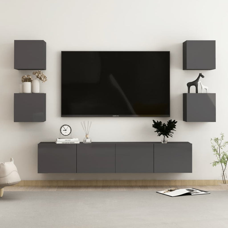 6 Piece TV Cabinet Set High Gloss Grey Engineered Wood Payday Deals