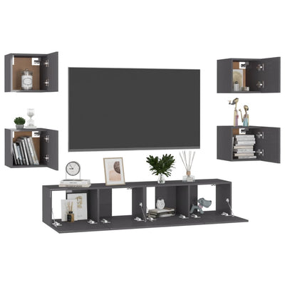 6 Piece TV Cabinet Set High Gloss Grey Engineered Wood Payday Deals