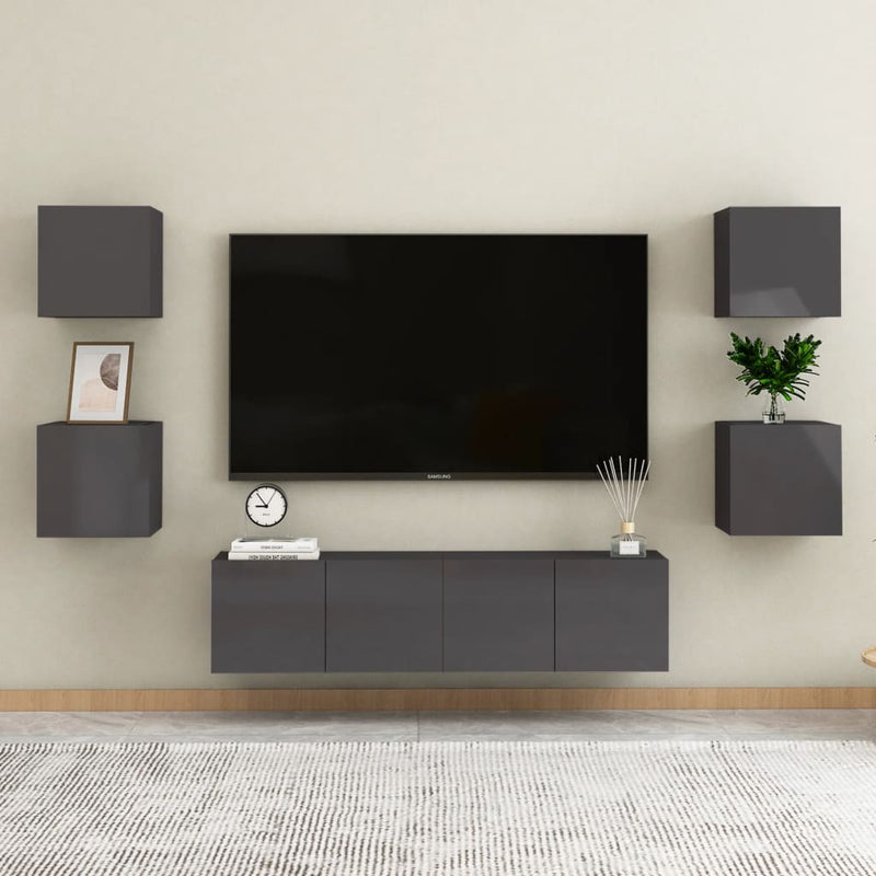 6 Piece TV Cabinet Set High Gloss Grey Engineered Wood Payday Deals