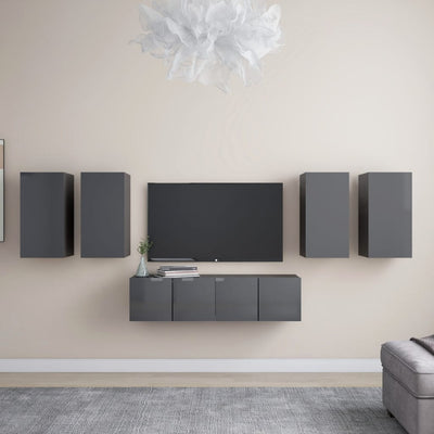6 Piece TV Cabinet Set High Gloss Grey Engineered Wood