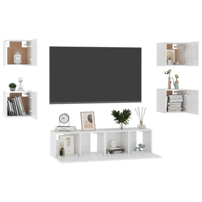 6 Piece TV Cabinet Set High Gloss White Engineered Wood Payday Deals