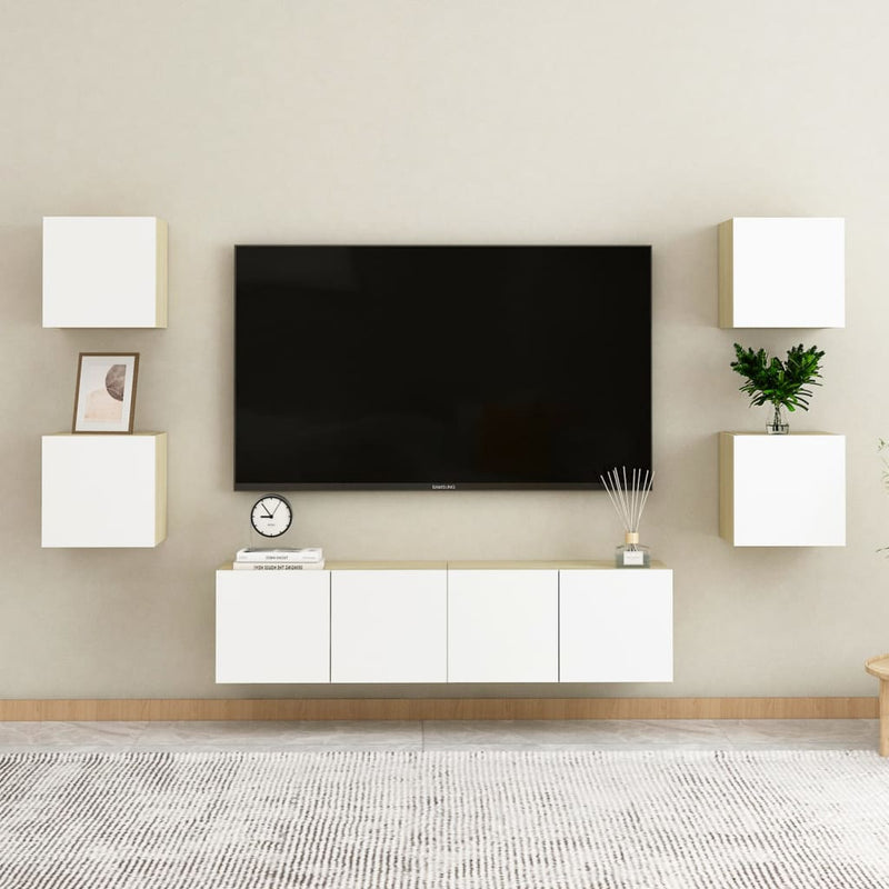 6 Piece TV Cabinet Set White and Sonoma Oak Engineered Wood Payday Deals