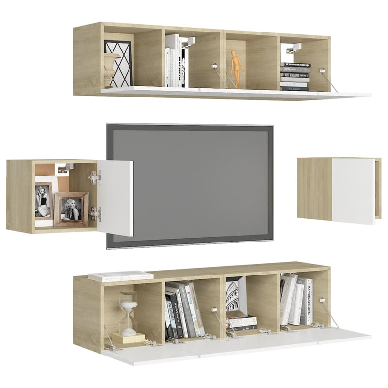 6 Piece TV Cabinet Sets White and Sonoma Oak Engineered Wood Payday Deals