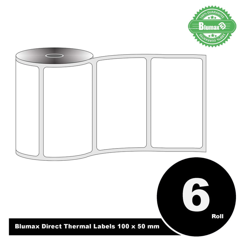 6 Rolls Blumax Direct Thermal (Zebra) 100mm x 50mm 750L White labels