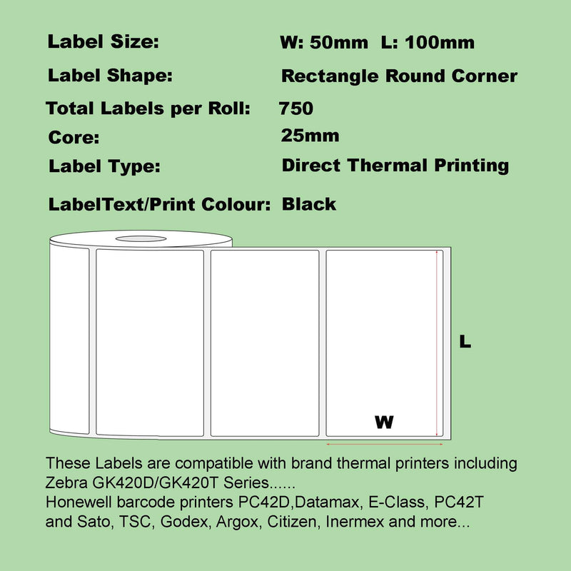 6 Rolls Blumax Direct Thermal (Zebra) 100mm x 50mm 750L White labels
