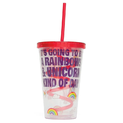 Plastic Travel Mug With Spiral Straw Drinking Tumbler Unicorn Design 16oz