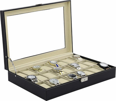 Watch Box - 24 Slot Luxury Display Case With Framed Glass Lid - Payday Deals