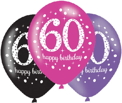 60th Birthday Sparkling Pink Celebration Latex Balloons 6 Pack