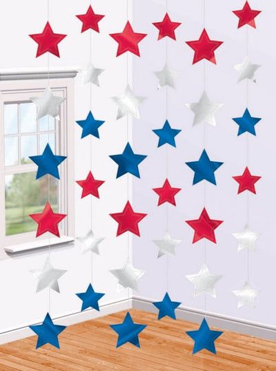 Blue Red And White Foil Star Hanging String Decorations