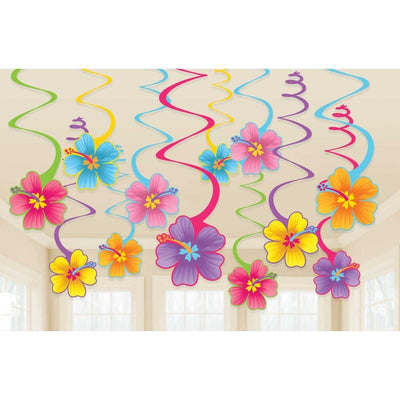 Hawaiian Luau Hibiscus Spiral Swirls Hanging Decorations 12 Pack