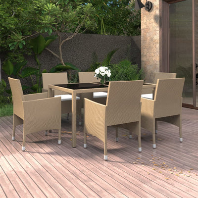 7 Piece Garden Dining Set Poly Rattan and Tempered Glass Beige